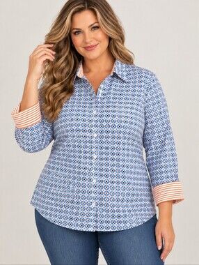 Foxcroft NYC Wrinkle Free Geometric Button Down Shirt Plus Size 24W Blue Orange